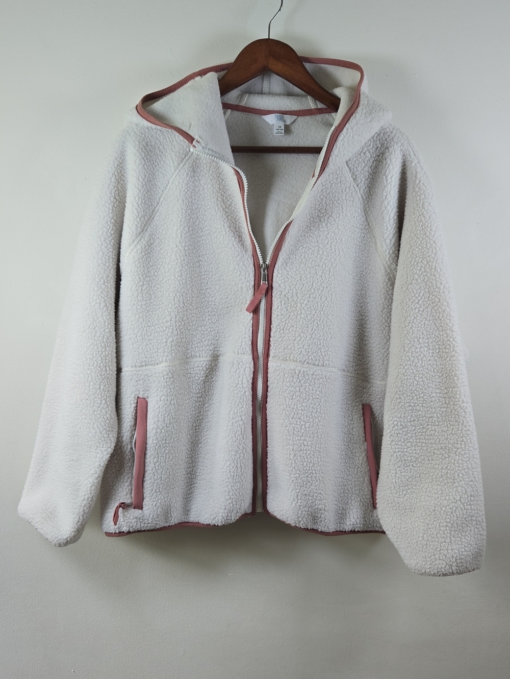 Women's Full-Zip Faux Sherpa Hoodie Jacket White & Mauve Pink Size 1X